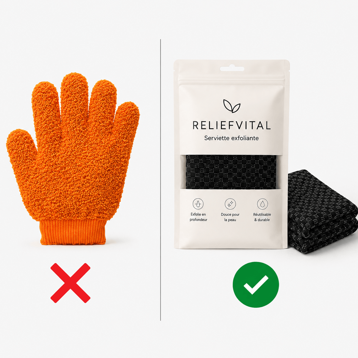 Comparaison gant exfoliant classique et serviette exfoliante japonaise ReliefVital en fibres de bambou