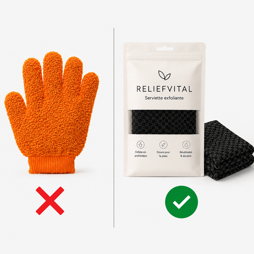 Comparaison gant exfoliant classique et serviette exfoliante japonaise ReliefVital en fibres de bambou