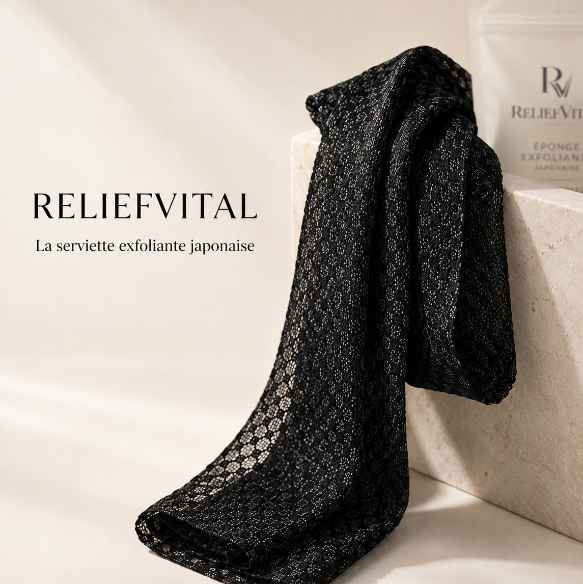 Photo produit elegante de la serviette exfoliante japonaise ReliefVital noire