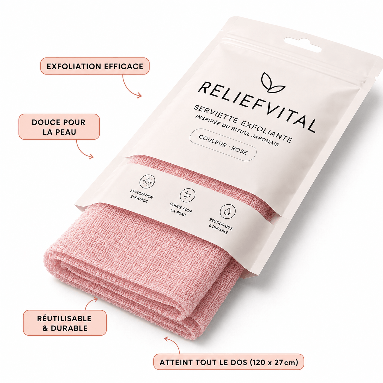 Caracteristiques de la serviette exfoliante japonaise ReliefVital rose - exfoliation efficace, douce pour la peau, reutilisable et durable, atteint tout le dos
