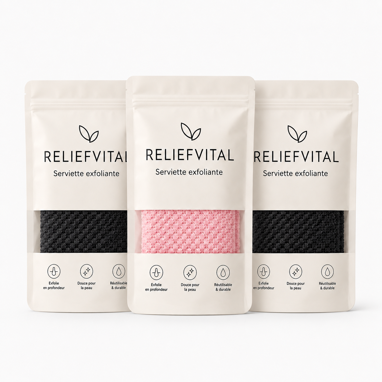 Serviette exfoliante japonaise ReliefVital - trio de packagings noir et rose
